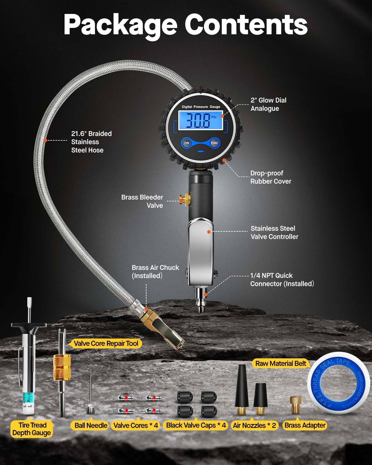Vondior Digital Tire Inflator With Pressure Gauge 200 Psi - Large 2 '' Digital Dial, Heavy Duty Air Chuck And Compressor Accesso